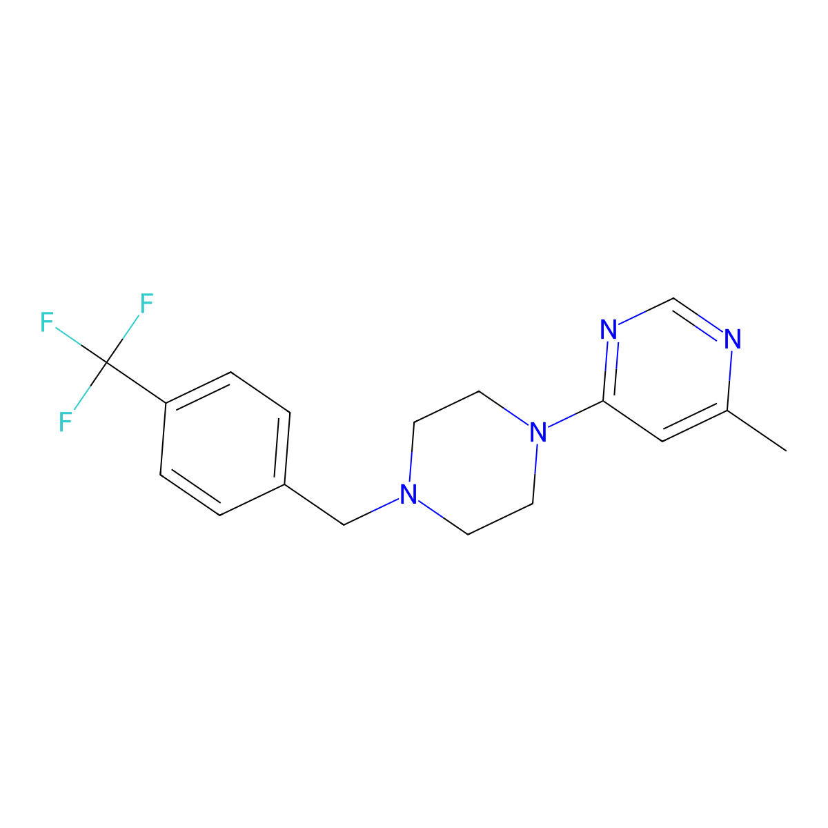 4-Methyl-6-(4-{[4-(trifluoromethyl)phenyl]methyl}piperazin-1-yl)pyrimidine molecular structure, CAS 2741934-81-4