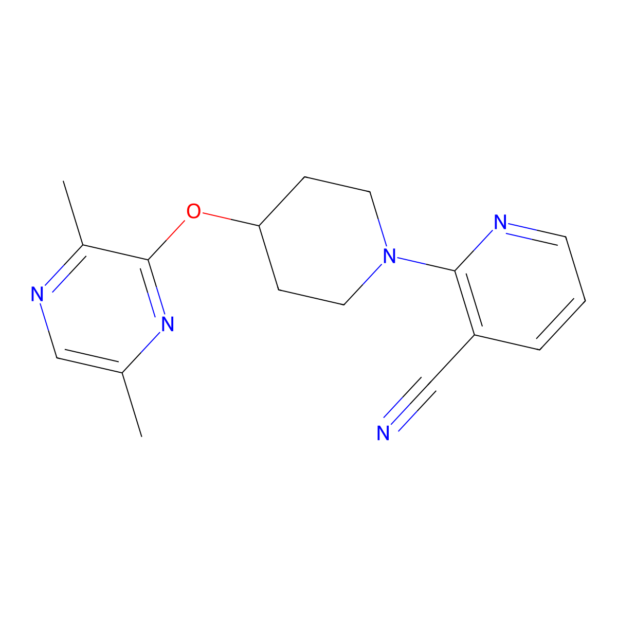 2-{4-[(3,6-Dimethylpyrazin-2-yl)oxy]piperidin-1-yl}pyridine-3-carbonitrile molecular structure, CAS 2741934-82-5