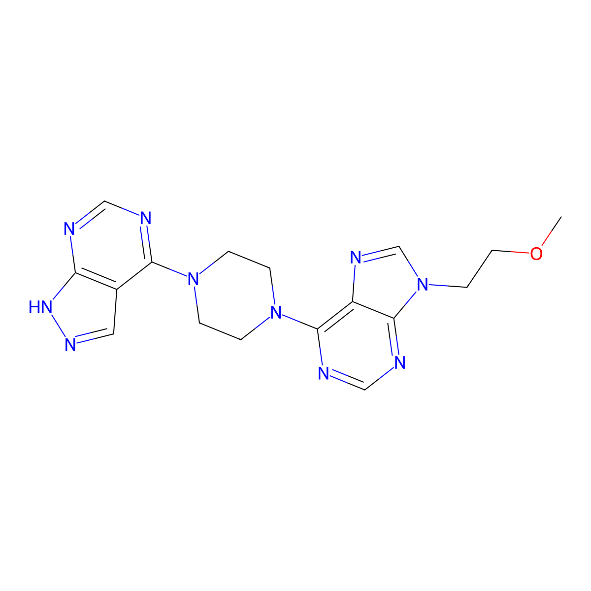 9-(2-methoxyethyl)-6-(4-{1H-pyrazolo[3,4-d]pyrimidin-4-yl}piperazin-1-yl)-9H-purine molecular structure, CAS 2741934-91-6