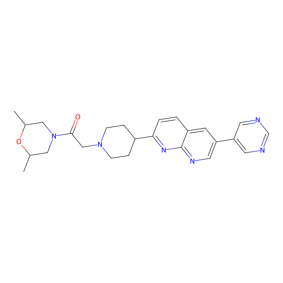 1-(2,6-Dimethylmorpholin-4-yl)-2-{4-[6-(pyrimidin-5-yl)-1,8-naphthyridin-2-yl]piperidin-1-yl}ethan-1-one molecular structure, CAS 2741934-95-0