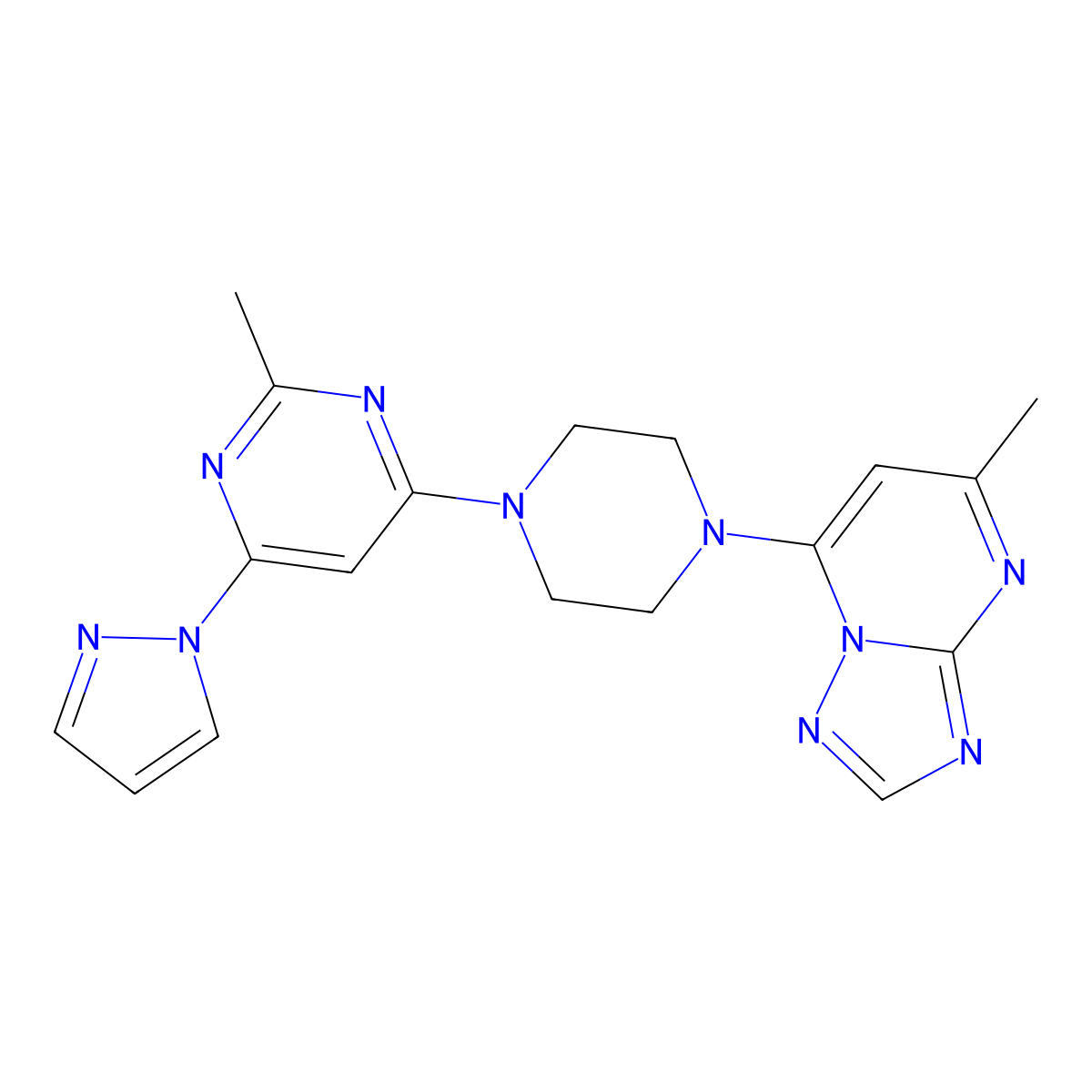 2-methyl-4-(4-{5-methyl-[1,2,4]triazolo[1,5-a]pyrimidin-7-yl}piperazin-1-yl)-6-(1H-pyrazol-1-yl)pyrimidine molecular structure, CAS 2741935-02-2