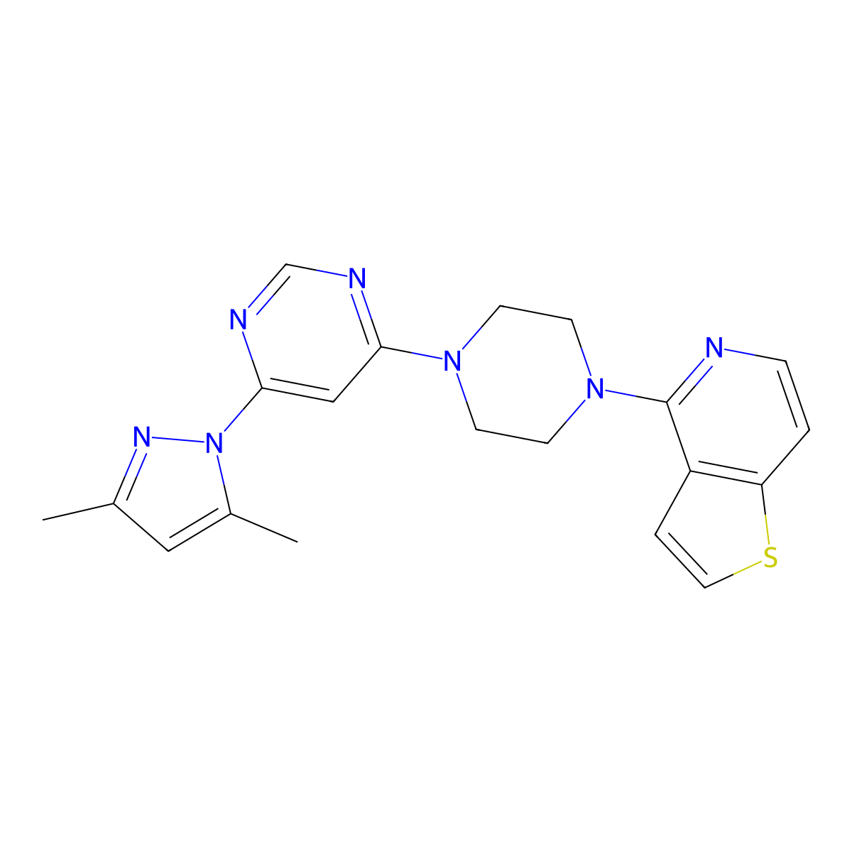 4-(3,5-dimethyl-1H-pyrazol-1-yl)-6-(4-{thieno[3,2-c]pyridin-4-yl}piperazin-1-yl)pyrimidine molecular structure, CAS 2741935-11-3