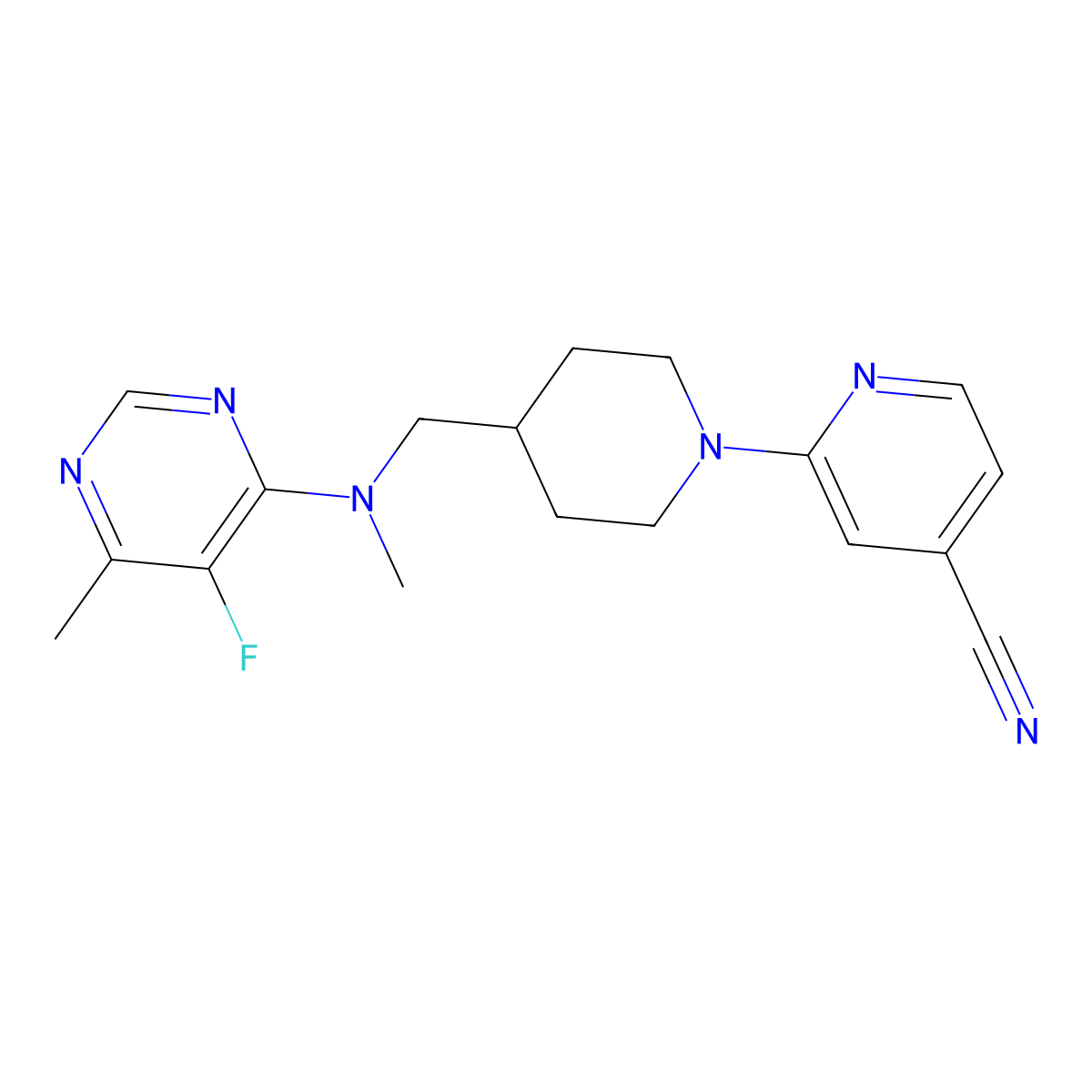2-(4-{[(5-Fluoro-6-methylpyrimidin-4-yl)(methyl)amino]methyl}piperidin-1-yl)pyridine-4-carbonitrile molecular structure, CAS 2741935-17-9