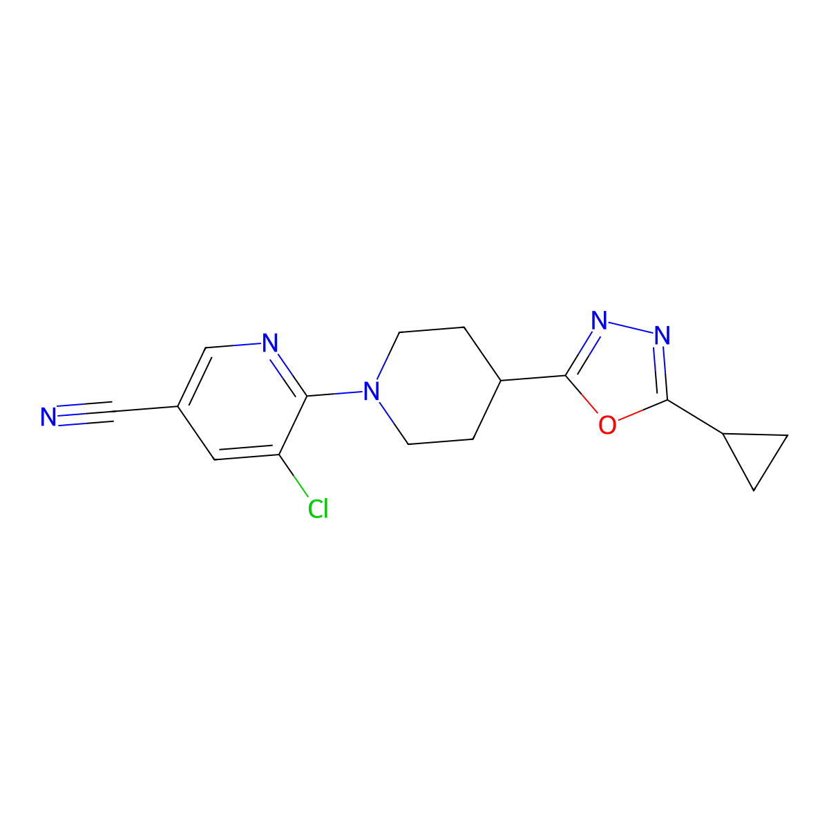 5-Chloro-6-[4-(5-cyclopropyl-1,3,4-oxadiazol-2-yl)piperidin-1-yl]pyridine-3-carbonitrile molecular structure, CAS 2741935-18-0