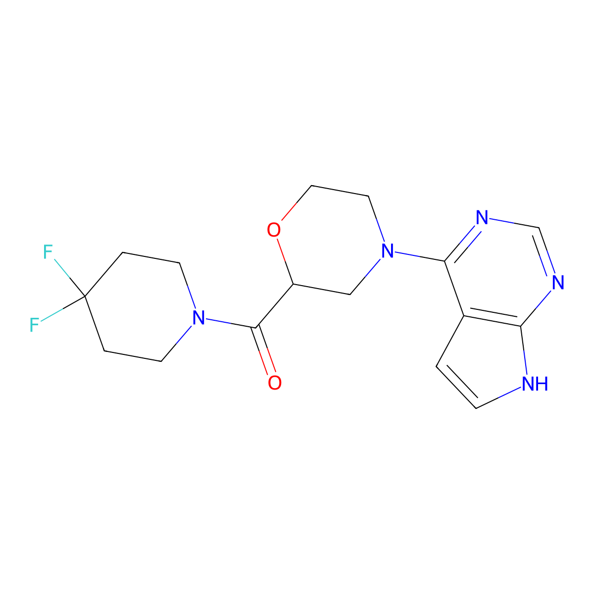 2-(4,4-difluoropiperidine-1-carbonyl)-4-{7H-pyrrolo[2,3-d]pyrimidin-4-yl}morpholine molecular structure, CAS 2741935-20-4