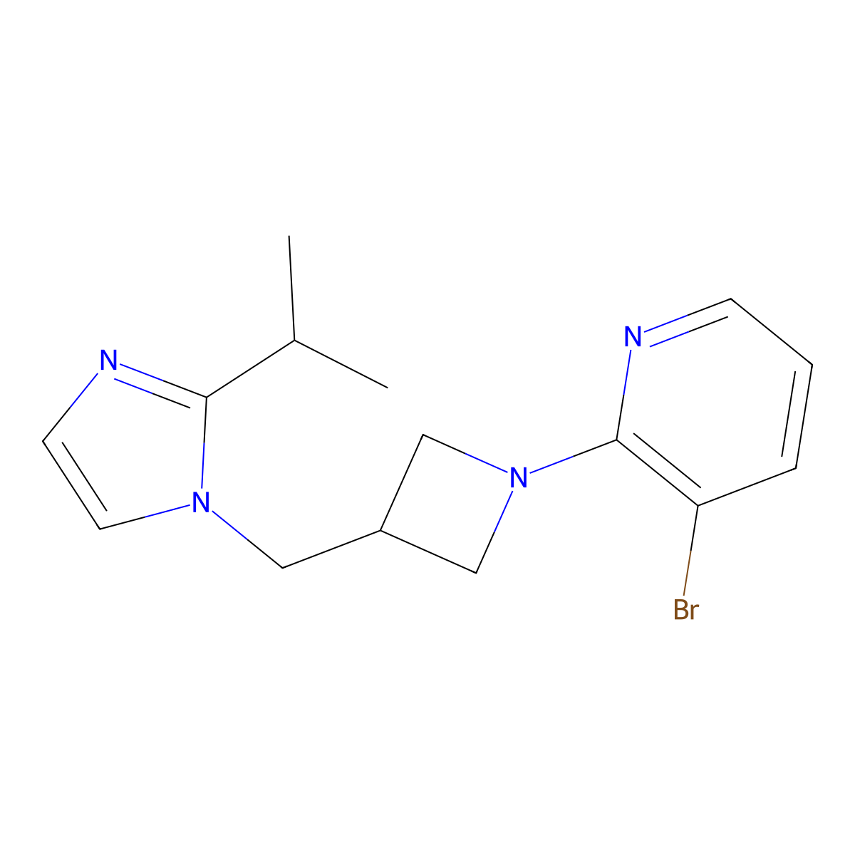 3-bromo-2-(3-{[2-(propan-2-yl)-1H-imidazol-1-yl]methyl}azetidin-1-yl)pyridine molecular structure, CAS 2741935-21-5