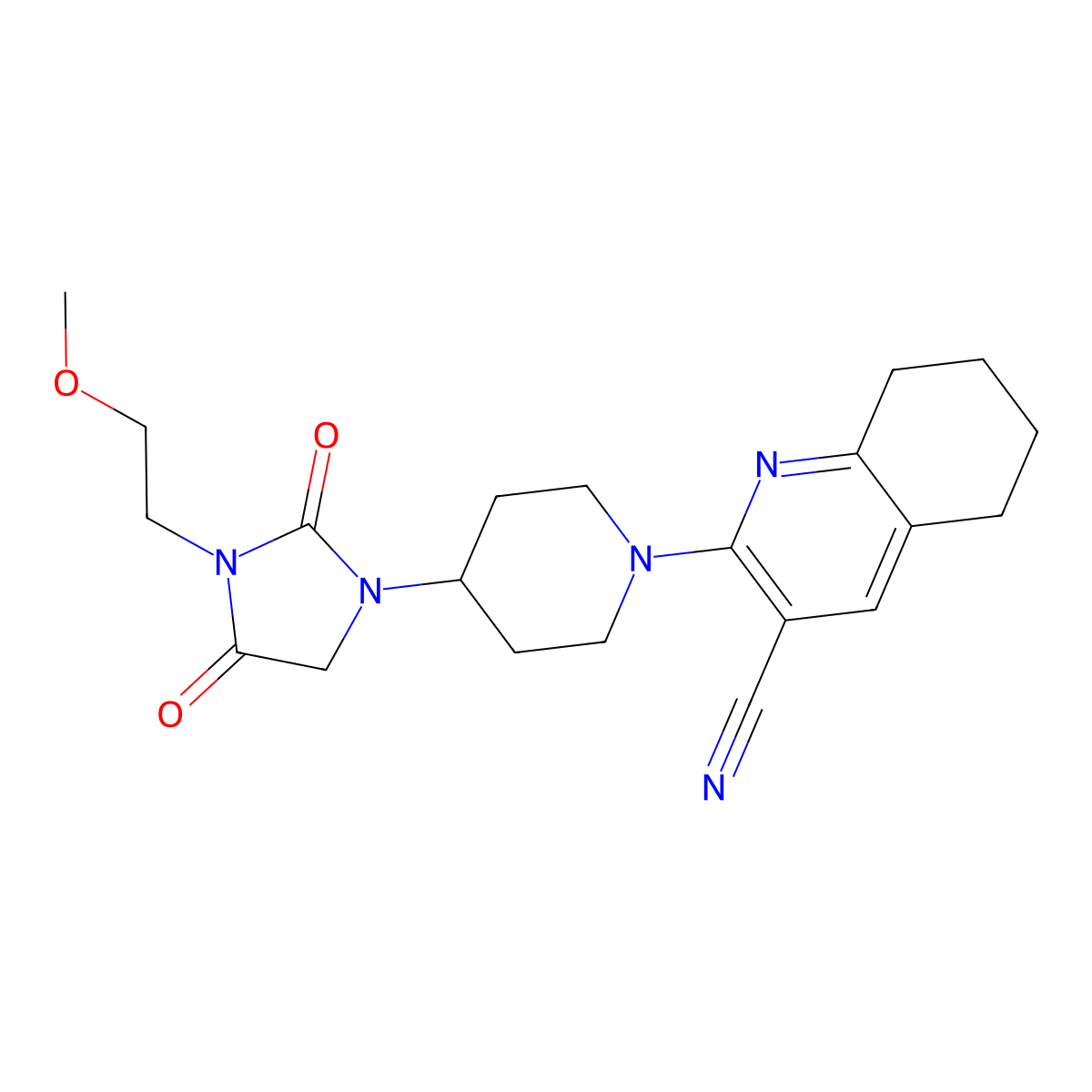 2-{4-[3-(2-Methoxyethyl)-2,4-dioxoimidazolidin-1-yl]piperidin-1-yl}-5,6,7,8-tetrahydroquinoline-3-carbonitrile molecular structure, CAS 2741935-35-1