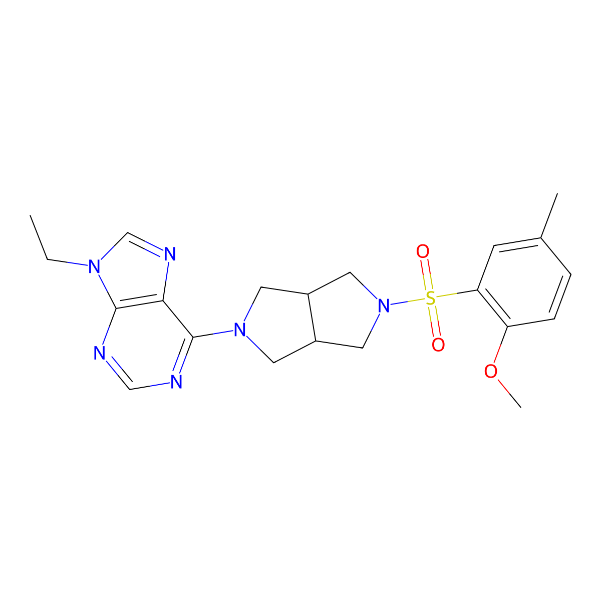 9-ethyl-6-[5-(2-methoxy-5-methylbenzenesulfonyl)-octahydropyrrolo[3,4-c]pyrrol-2-yl]-9H-purine molecular structure, CAS 2741935-41-9