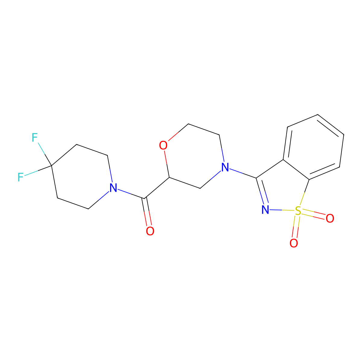 (4,4-Difluoropiperidin-1-yl)-[4-(1,1-dioxo-1,2-benzothiazol-3-yl)morpholin-2-yl]methanone molecular structure, CAS 2741935-49-7