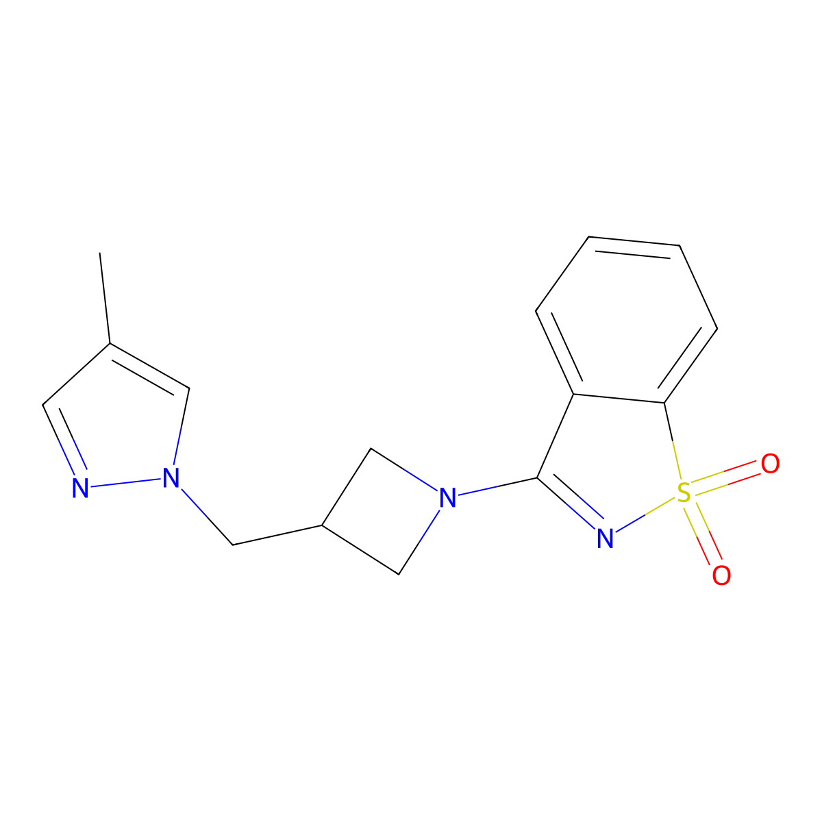 3-[3-[(4-Methylpyrazol-1-yl)methyl]azetidin-1-yl]-1,2-benzothiazole 1,1-dioxide molecular structure, CAS 2741935-50-0