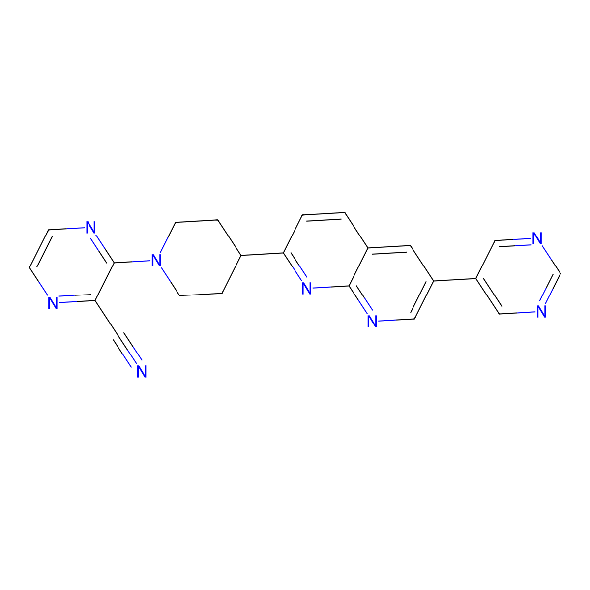 3-{4-[6-(Pyrimidin-5-yl)-1,8-naphthyridin-2-yl]piperidin-1-yl}pyrazine-2-carbonitrile molecular structure, CAS 2741935-61-3