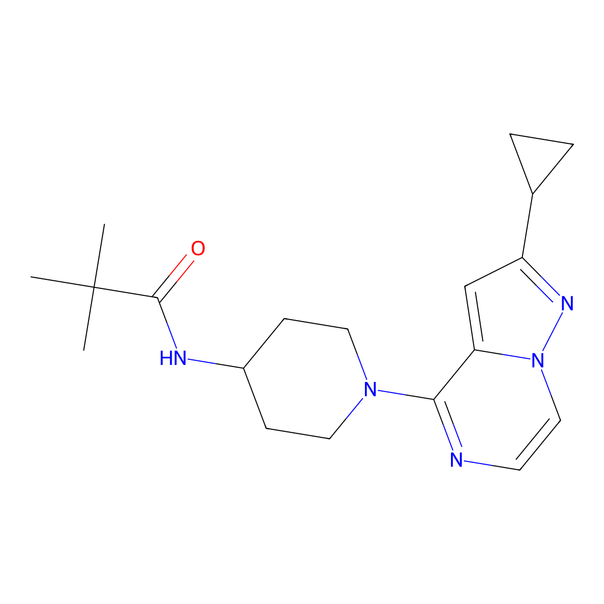 N-(1-{2-cyclopropylpyrazolo[1,5-a]pyrazin-4-yl}piperidin-4-yl)-2,2-dimethylpropanamide molecular structure, CAS 2741935-62-4