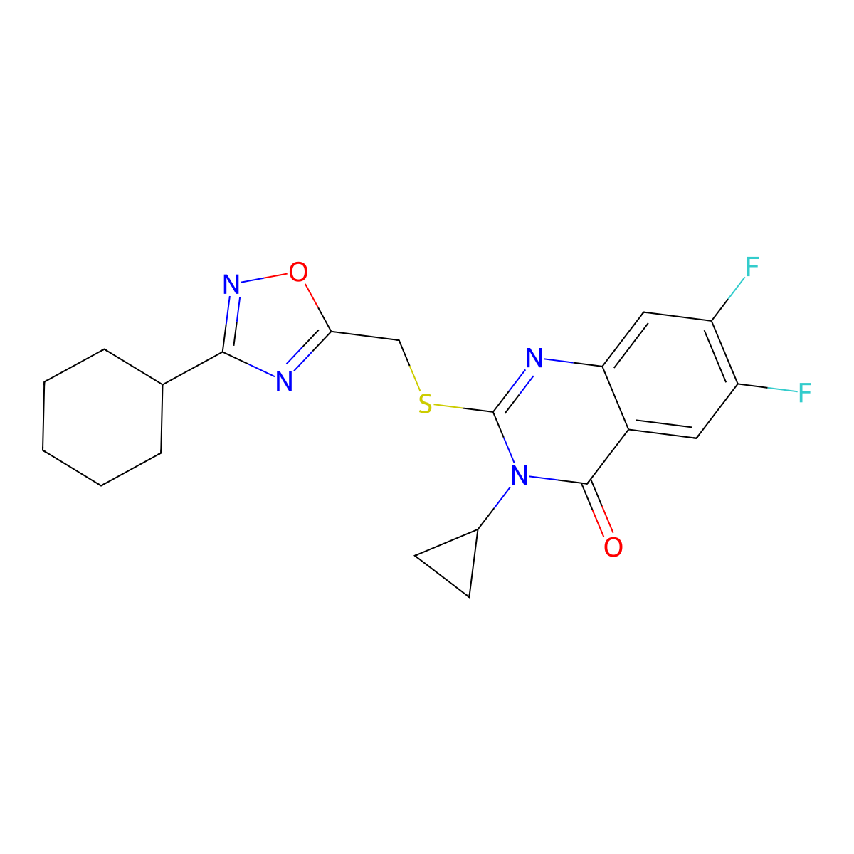 2-{[(3-Cyclohexyl-1,2,4-oxadiazol-5-yl)methyl]sulfanyl}-3-cyclopropyl-6,7-difluoro-3,4-dihydroquinazolin-4-one molecular structure, CAS 2741935-63-5