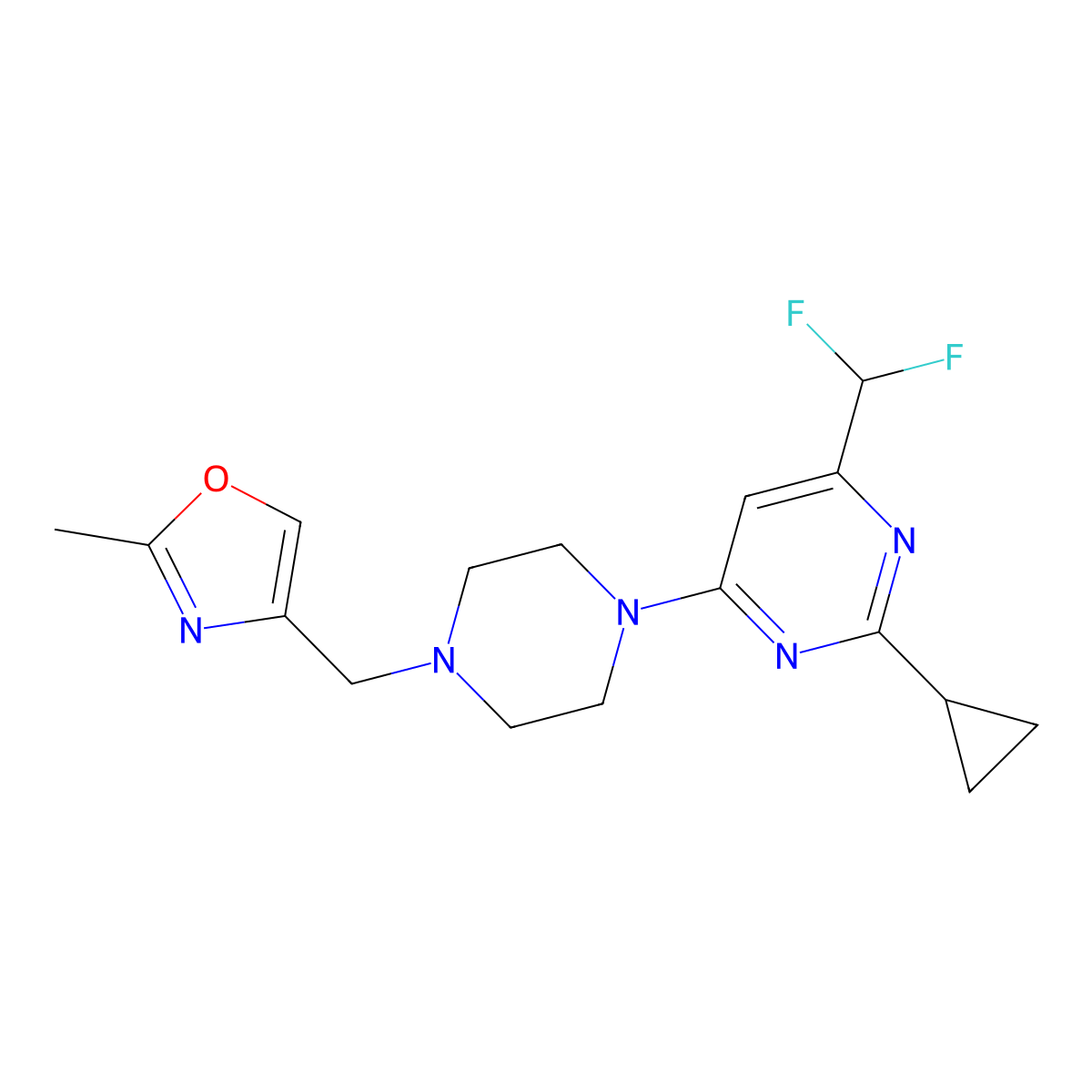 2-Cyclopropyl-4-(difluoromethyl)-6-{4-[(2-methyl-1,3-oxazol-4-yl)methyl]piperazin-1-yl}pyrimidine molecular structure, CAS 2741935-68-0