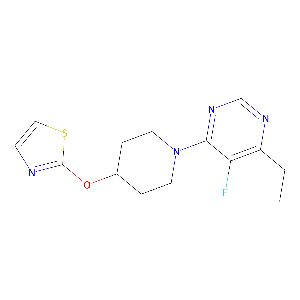 4-Ethyl-5-fluoro-6-[4-(1,3-thiazol-2-yloxy)piperidin-1-yl]pyrimidine molecular structure, CAS 2741935-69-1