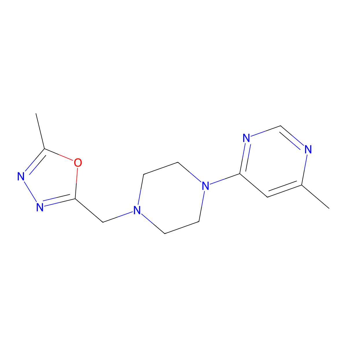 4-Methyl-6-{4-[(5-methyl-1,3,4-oxadiazol-2-yl)methyl]piperazin-1-yl}pyrimidine molecular structure, CAS 2741935-73-7