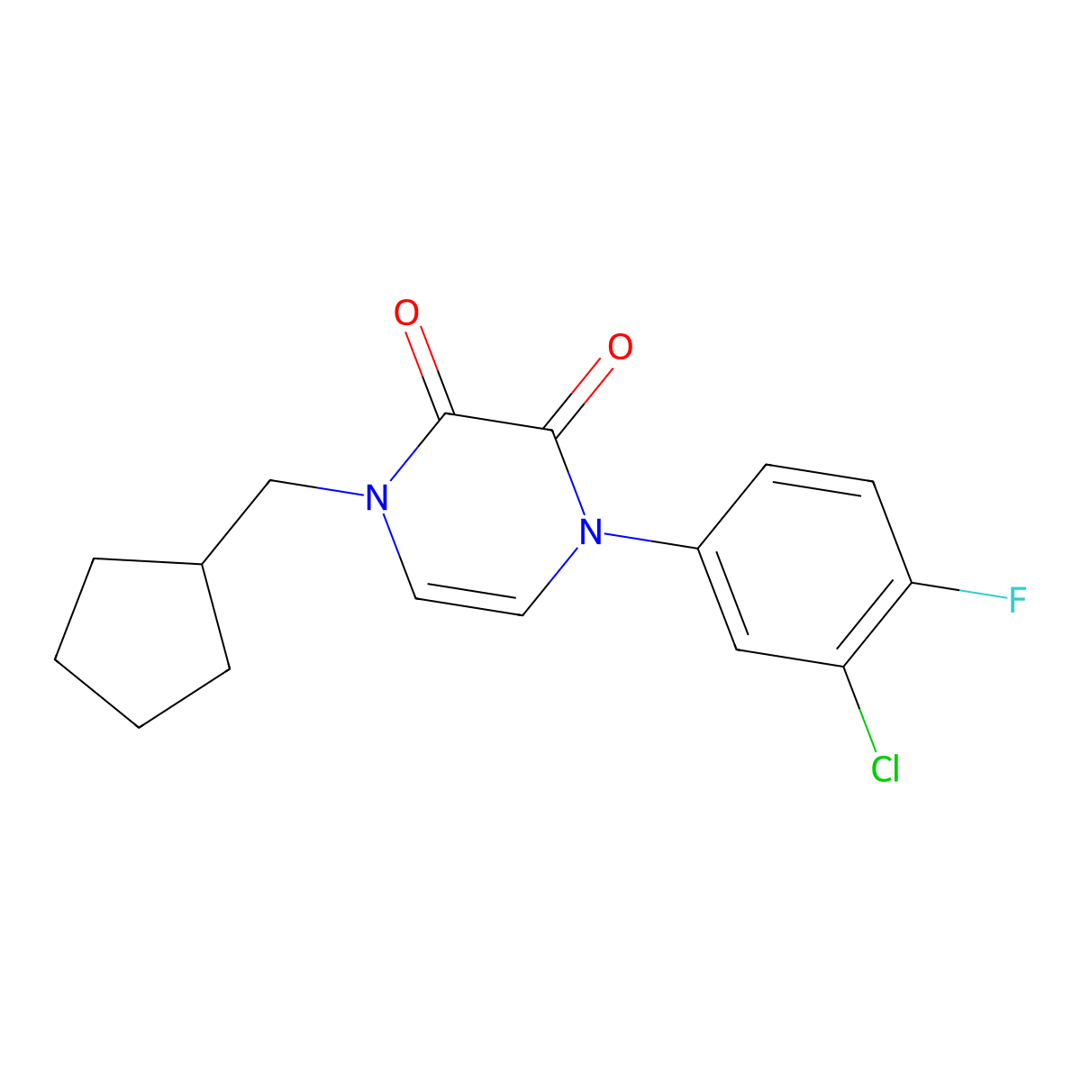 1-(3-Chloro-4-fluorophenyl)-4-(cyclopentylmethyl)-1,2,3,4-tetrahydropyrazine-2,3-dione molecular structure, CAS 2741935-74-8