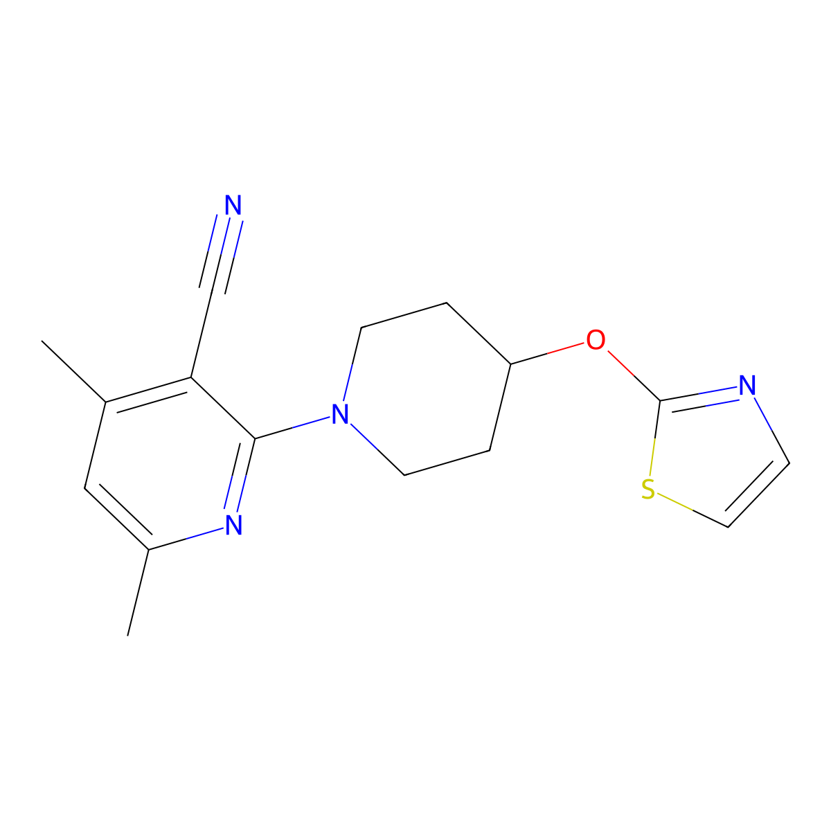4,6-Dimethyl-2-[4-(1,3-thiazol-2-yloxy)piperidin-1-yl]pyridine-3-carbonitrile molecular structure, CAS 2741935-75-9