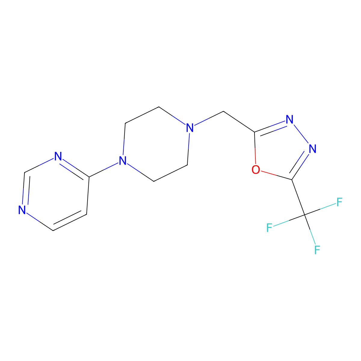 4-(4-{[5-(Trifluoromethyl)-1,3,4-oxadiazol-2-yl]methyl}piperazin-1-yl)pyrimidine molecular structure, CAS 2741935-79-3