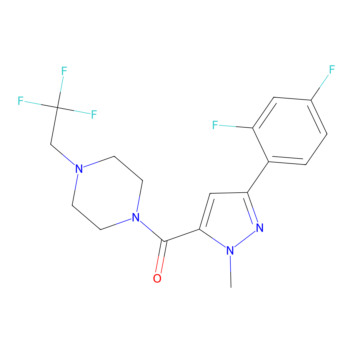 1-[3-(2,4-difluorophenyl)-1-methyl-1H-pyrazole-5-carbonyl]-4-(2,2,2-trifluoroethyl)piperazine molecular structure, CAS 2741935-82-8