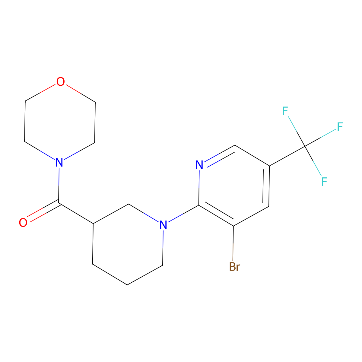 4-{1-[3-Bromo-5-(trifluoromethyl)pyridin-2-yl]piperidine-3-carbonyl}morpholine molecular structure, CAS 2741935-90-8