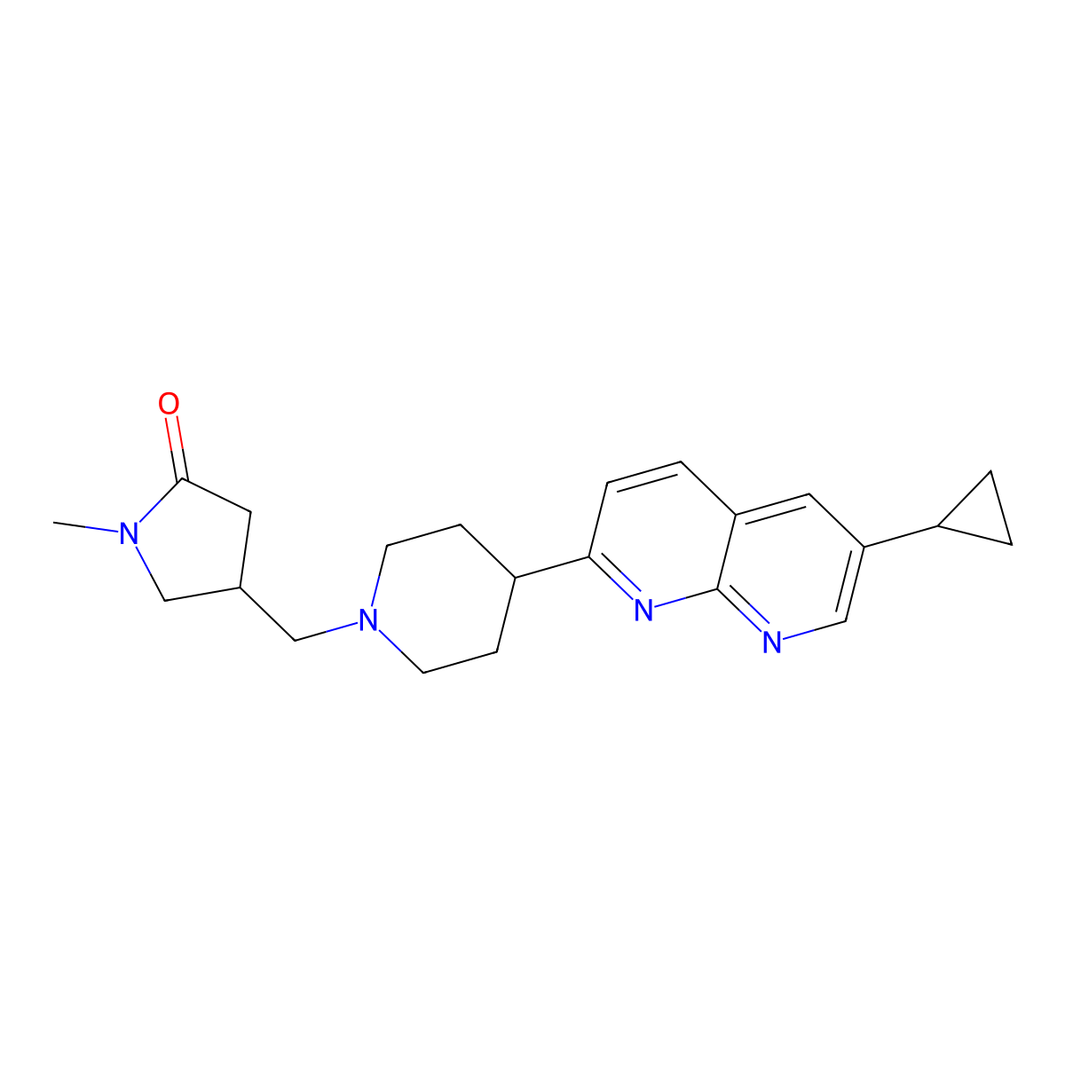 4-{[4-(6-Cyclopropyl-1,8-naphthyridin-2-yl)piperidin-1-yl]methyl}-1-methylpyrrolidin-2-one molecular structure, CAS 2741935-91-9
