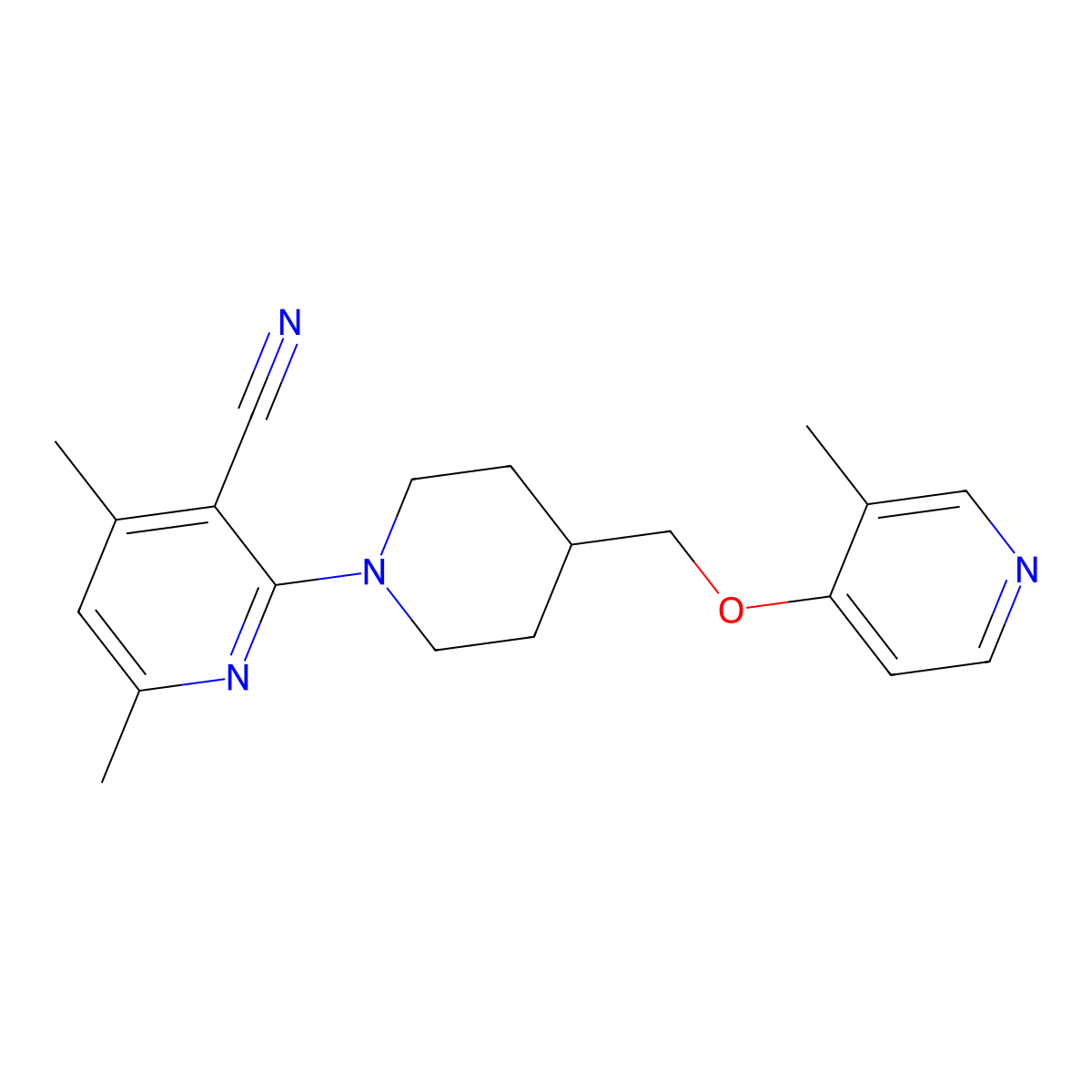 4,6-Dimethyl-2-(4-{[(3-methylpyridin-4-yl)oxy]methyl}piperidin-1-yl)pyridine-3-carbonitrile molecular structure, CAS 2741935-99-7