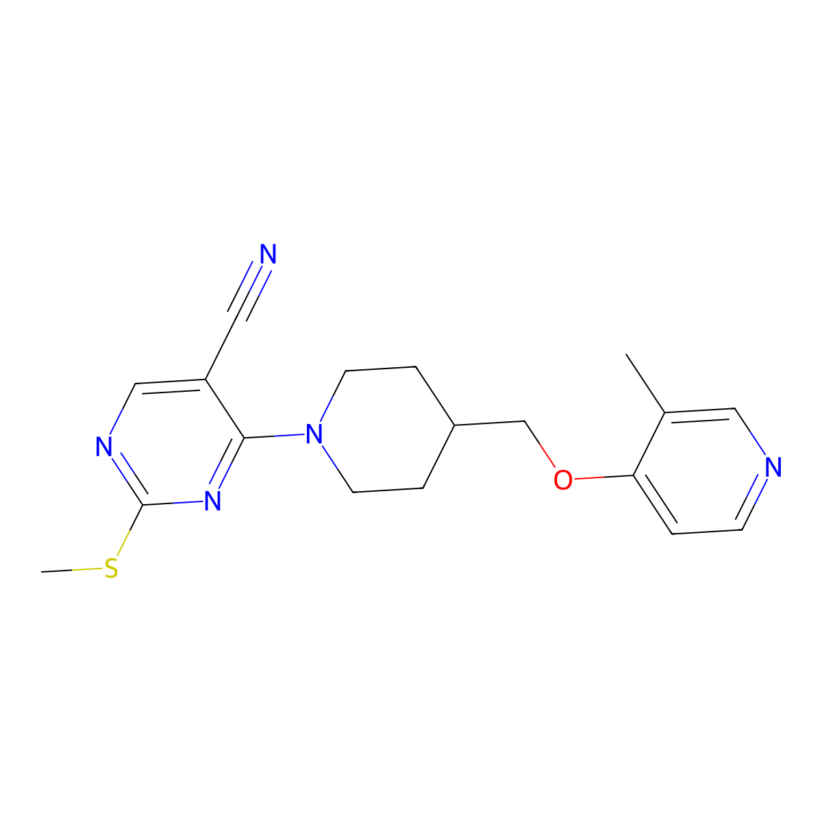4-(4-{[(3-Methylpyridin-4-yl)oxy]methyl}piperidin-1-yl)-2-(methylsulfanyl)pyrimidine-5-carbonitrile molecular structure, CAS 2741936-16-1