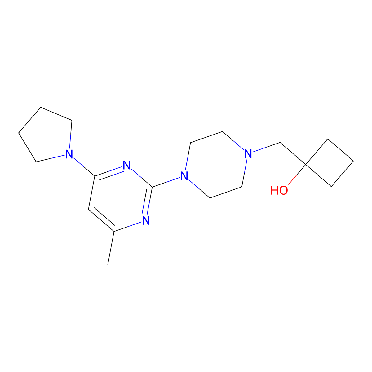 1-({4-[4-Methyl-6-(pyrrolidin-1-yl)pyrimidin-2-yl]piperazin-1-yl}methyl)cyclobutan-1-ol molecular structure, CAS 2741936-18-3