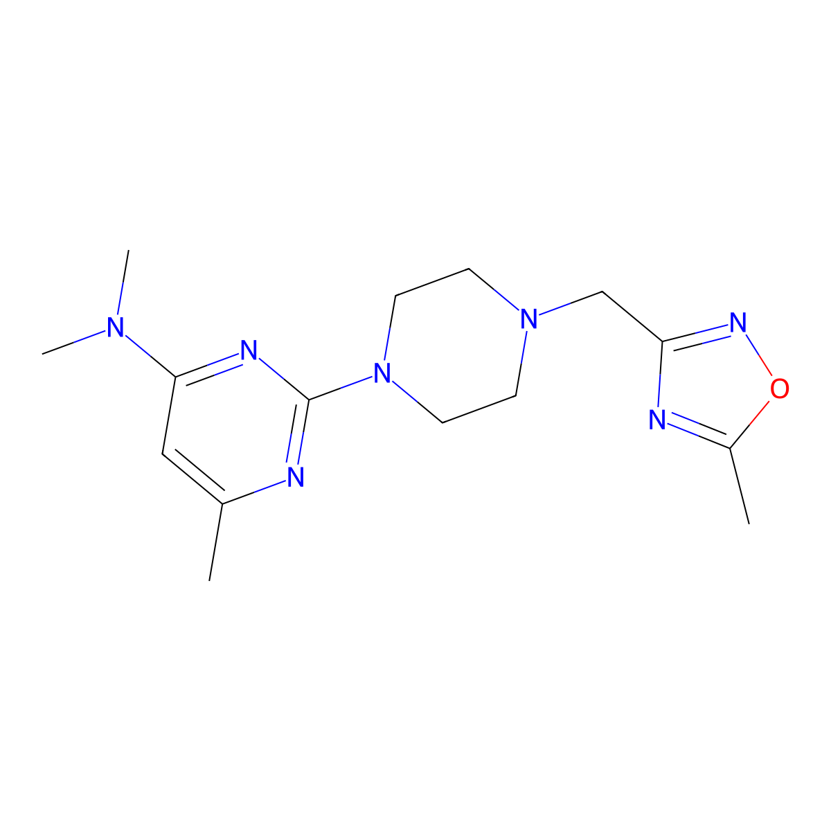 N,N,6-trimethyl-2-{4-[(5-methyl-1,2,4-oxadiazol-3-yl)methyl]piperazin-1-yl}pyrimidin-4-amine molecular structure, CAS 2741936-21-8