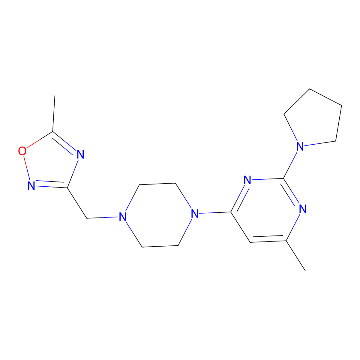 4-Methyl-6-{4-[(5-methyl-1,2,4-oxadiazol-3-yl)methyl]piperazin-1-yl}-2-(pyrrolidin-1-yl)pyrimidine molecular structure, CAS 2741936-29-6