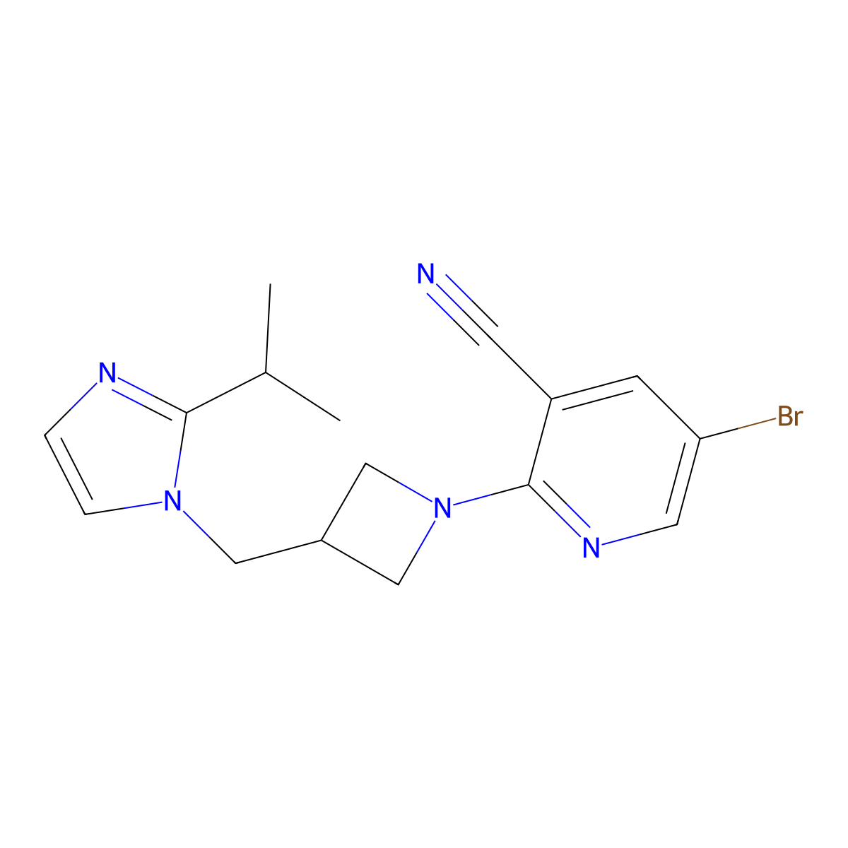 5-bromo-2-(3-{[2-(propan-2-yl)-1H-imidazol-1-yl]methyl}azetidin-1-yl)pyridine-3-carbonitrile molecular structure, CAS 2741936-34-3