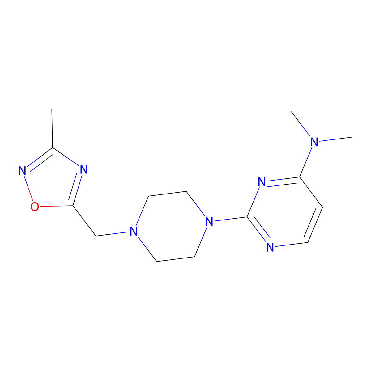 N,N-dimethyl-2-{4-[(3-methyl-1,2,4-oxadiazol-5-yl)methyl]piperazin-1-yl}pyrimidin-4-amine molecular structure, CAS 2741936-35-4