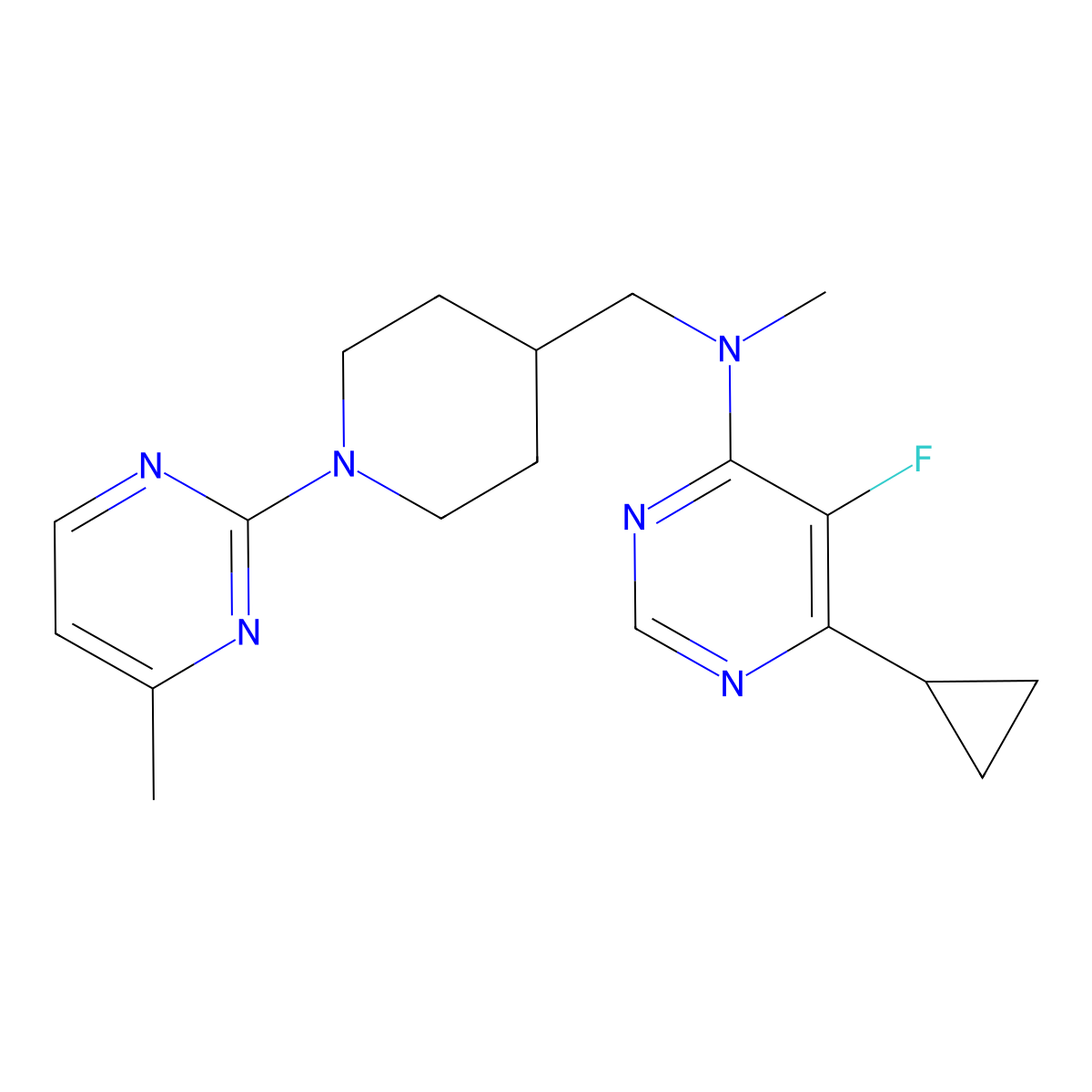 6-cyclopropyl-5-fluoro-N-methyl-N-{[1-(4-methylpyrimidin-2-yl)piperidin-4-yl]methyl}pyrimidin-4-amine molecular structure, CAS 2741936-40-1