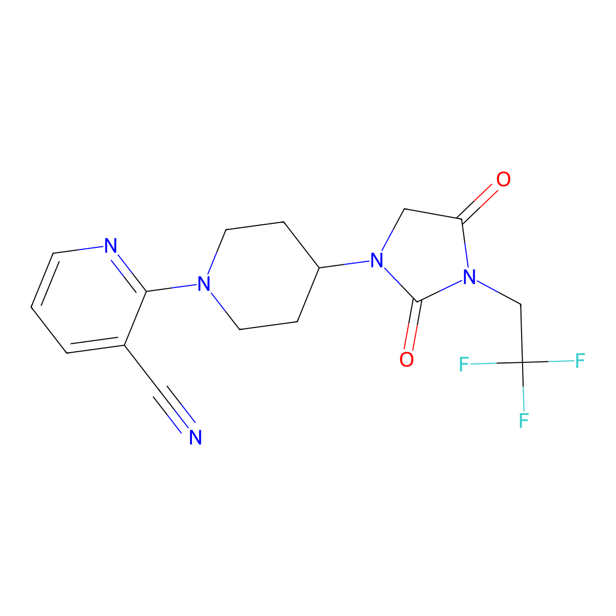 2-{4-[2,4-Dioxo-3-(2,2,2-trifluoroethyl)imidazolidin-1-yl]piperidin-1-yl}pyridine-3-carbonitrile molecular structure, CAS 2741936-61-6