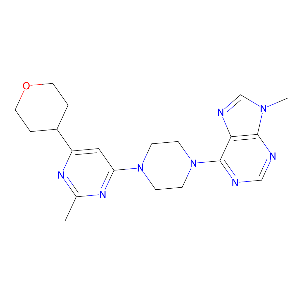 9-methyl-6-{4-[2-methyl-6-(oxan-4-yl)pyrimidin-4-yl]piperazin-1-yl}-9H-purine molecular structure, CAS 2741936-64-9