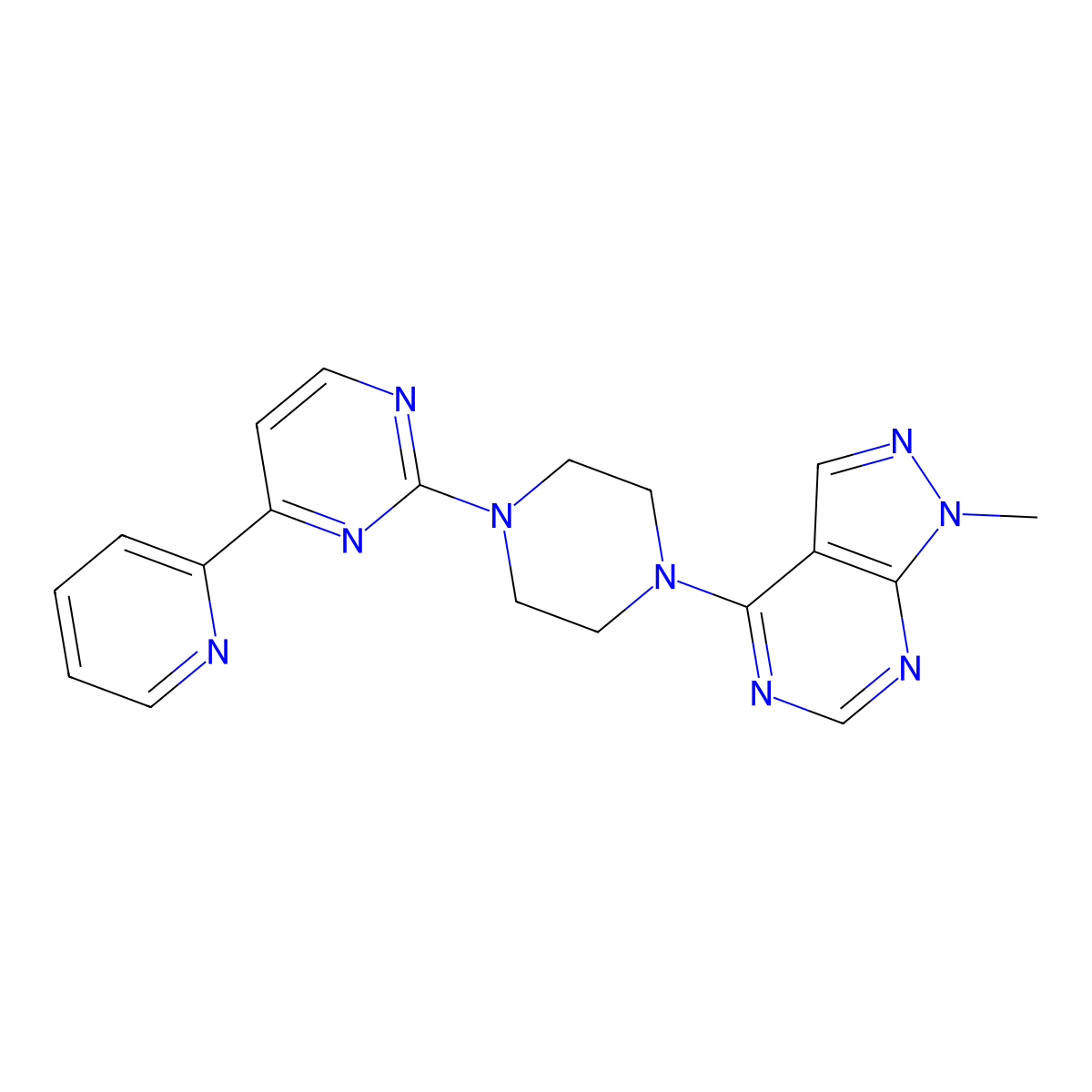 2-(4-{1-methyl-1H-pyrazolo[3,4-d]pyrimidin-4-yl}piperazin-1-yl)-4-(pyridin-2-yl)pyrimidine molecular structure, CAS 2741936-85-4