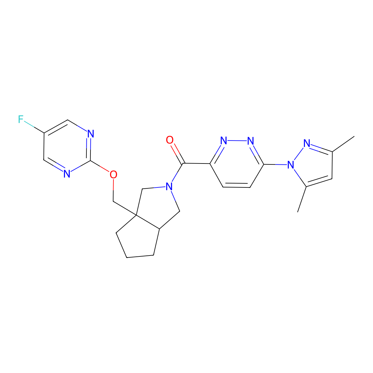 3-(3a-{[(5-fluoropyrimidin-2-yl)oxy]methyl}-octahydrocyclopenta[c]pyrrole-2-carbonyl)-6-(3,5-dimethyl-1H-pyrazol-1-yl)pyridazine molecular structure, CAS 2741937-02-8