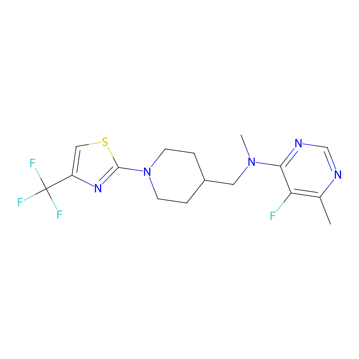 5-fluoro-N,6-dimethyl-N-({1-[4-(trifluoromethyl)-1,3-thiazol-2-yl]piperidin-4-yl}methyl)pyrimidin-4-amine molecular structure, CAS 2741937-29-9