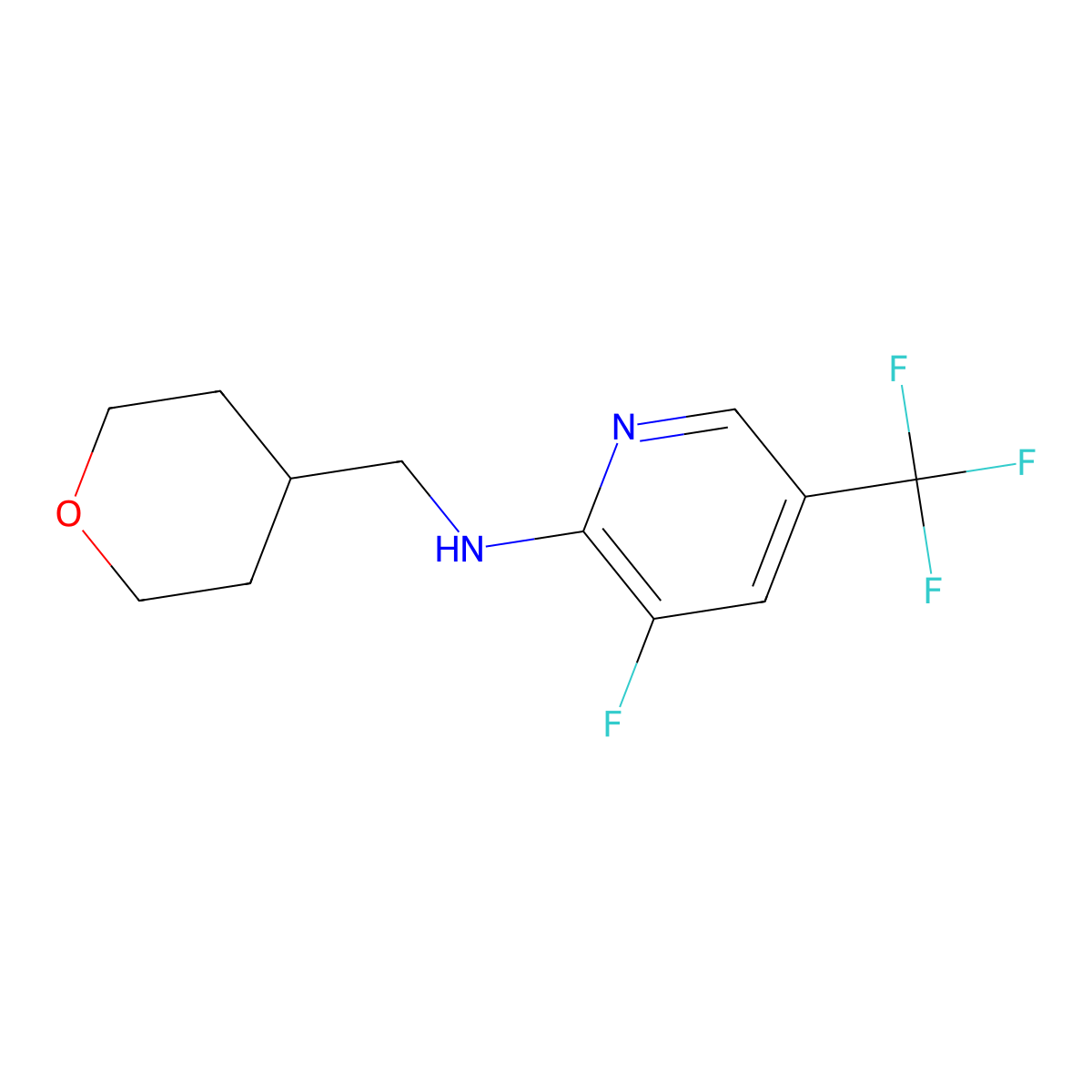 3-fluoro-N-[(oxan-4-yl)methyl]-5-(trifluoromethyl)pyridin-2-amine molecular structure, CAS 2741937-33-5