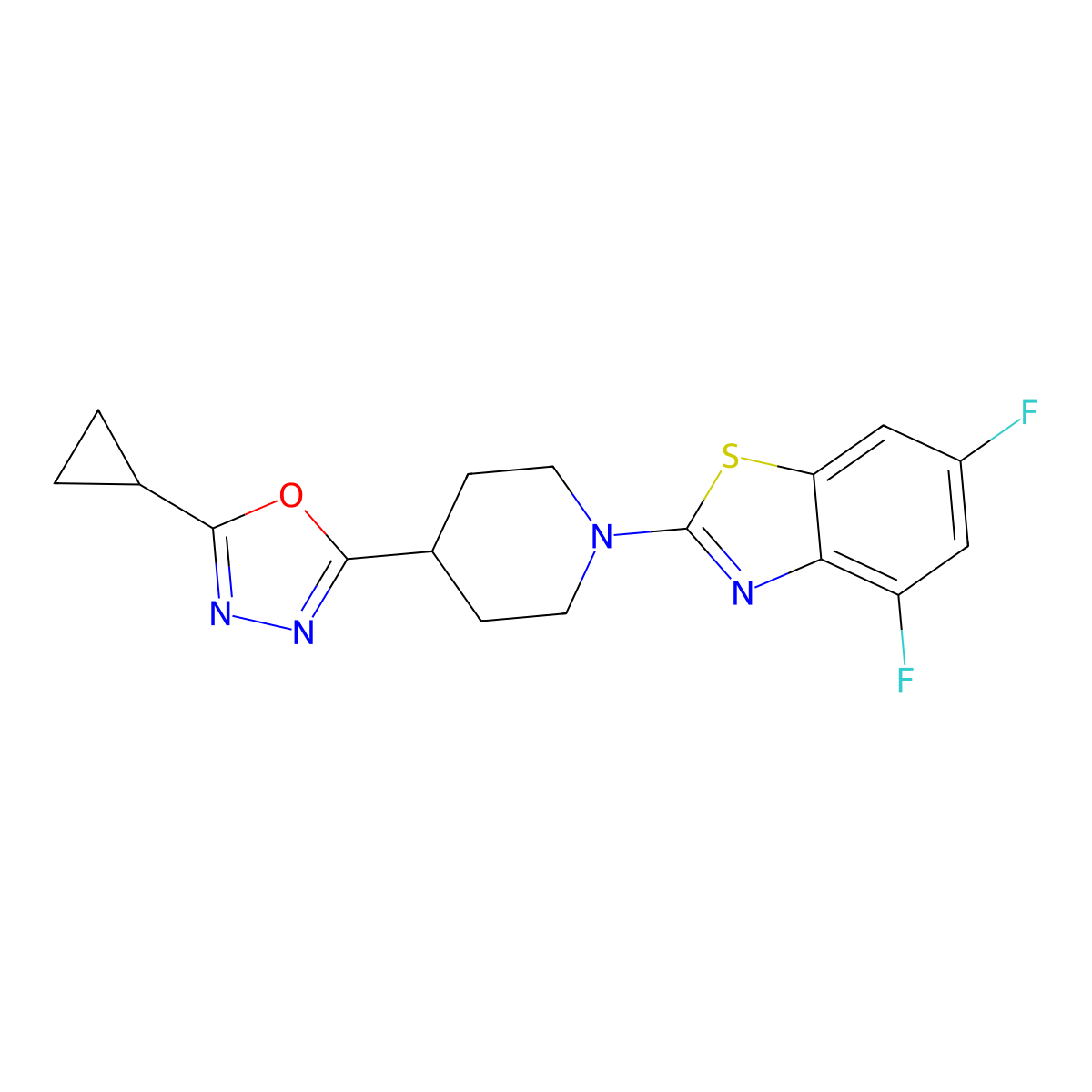 2-[4-(5-Cyclopropyl-1,3,4-oxadiazol-2-yl)piperidin-1-yl]-4,6-difluoro-1,3-benzothiazole molecular structure, CAS 2741937-35-7