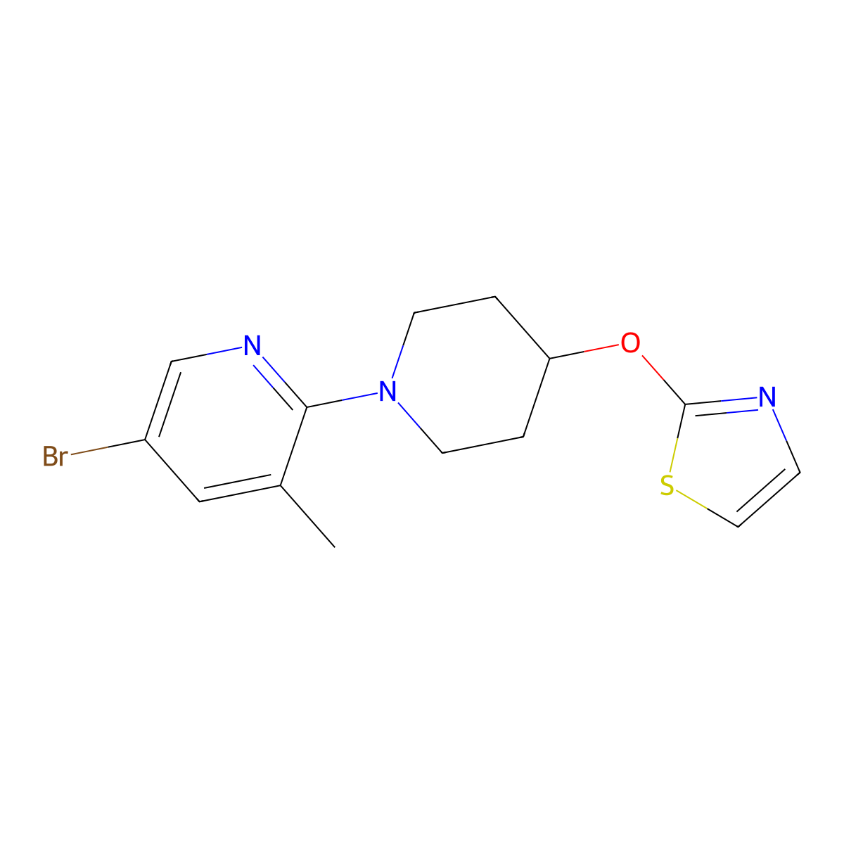 5-Bromo-3-methyl-2-[4-(1,3-thiazol-2-yloxy)piperidin-1-yl]pyridine molecular structure, CAS 2741937-53-9