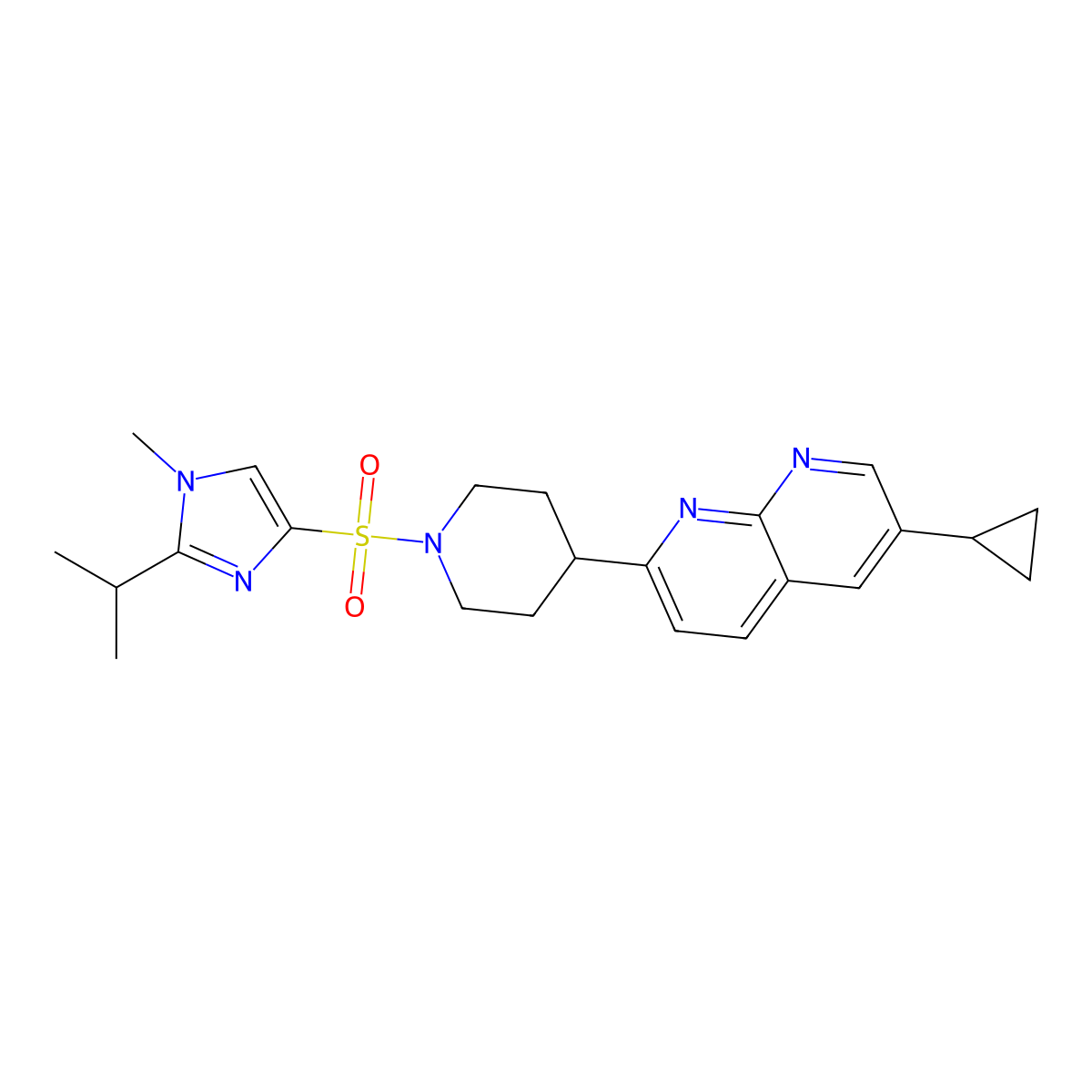 6-cyclopropyl-2-(1-{[1-methyl-2-(propan-2-yl)-1H-imidazol-4-yl]sulfonyl}piperidin-4-yl)-1,8-naphthyridine molecular structure, CAS 2741937-58-4