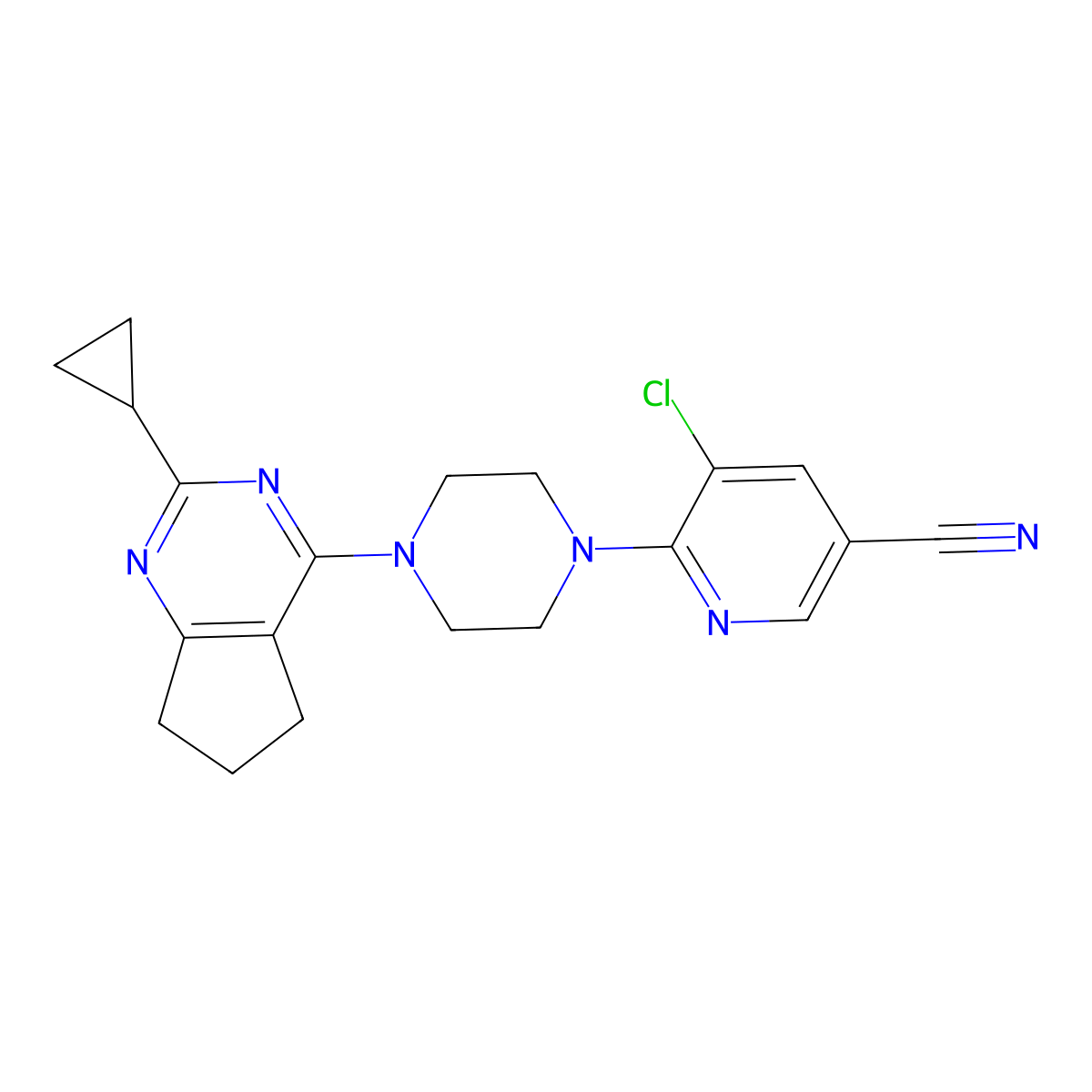 5-chloro-6-(4-{2-cyclopropyl-5H,6H,7H-cyclopenta[d]pyrimidin-4-yl}piperazin-1-yl)pyridine-3-carbonitrile molecular structure, CAS 2741937-64-2