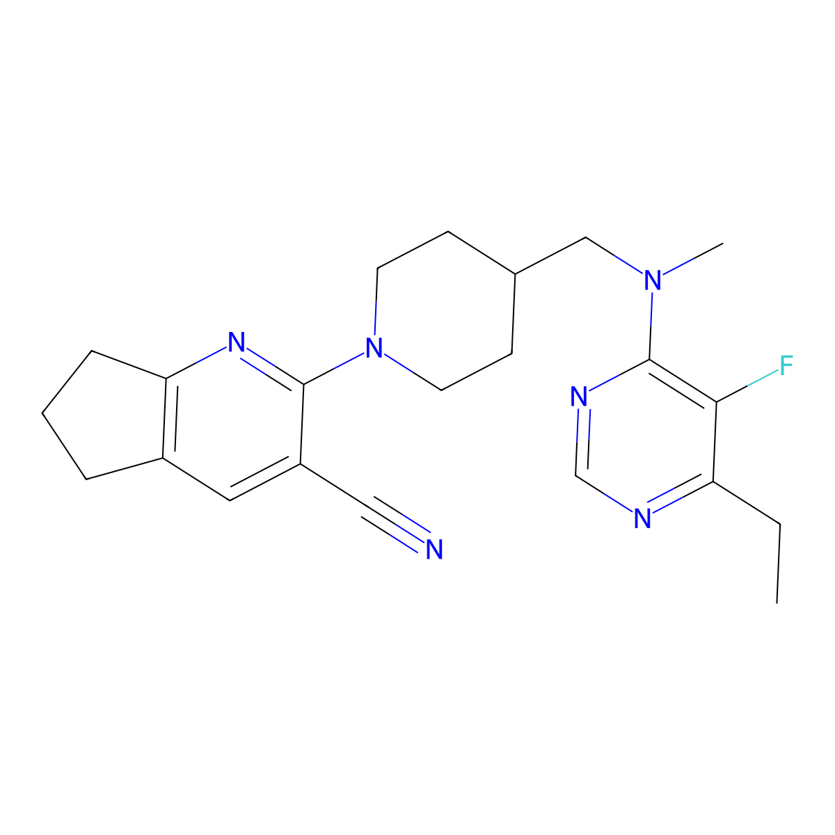 2-(4-{[(6-ethyl-5-fluoropyrimidin-4-yl)(methyl)amino]methyl}piperidin-1-yl)-5H,6H,7H-cyclopenta[b]pyridine-3-carbonitrile molecular structure, CAS 2741937-69-7