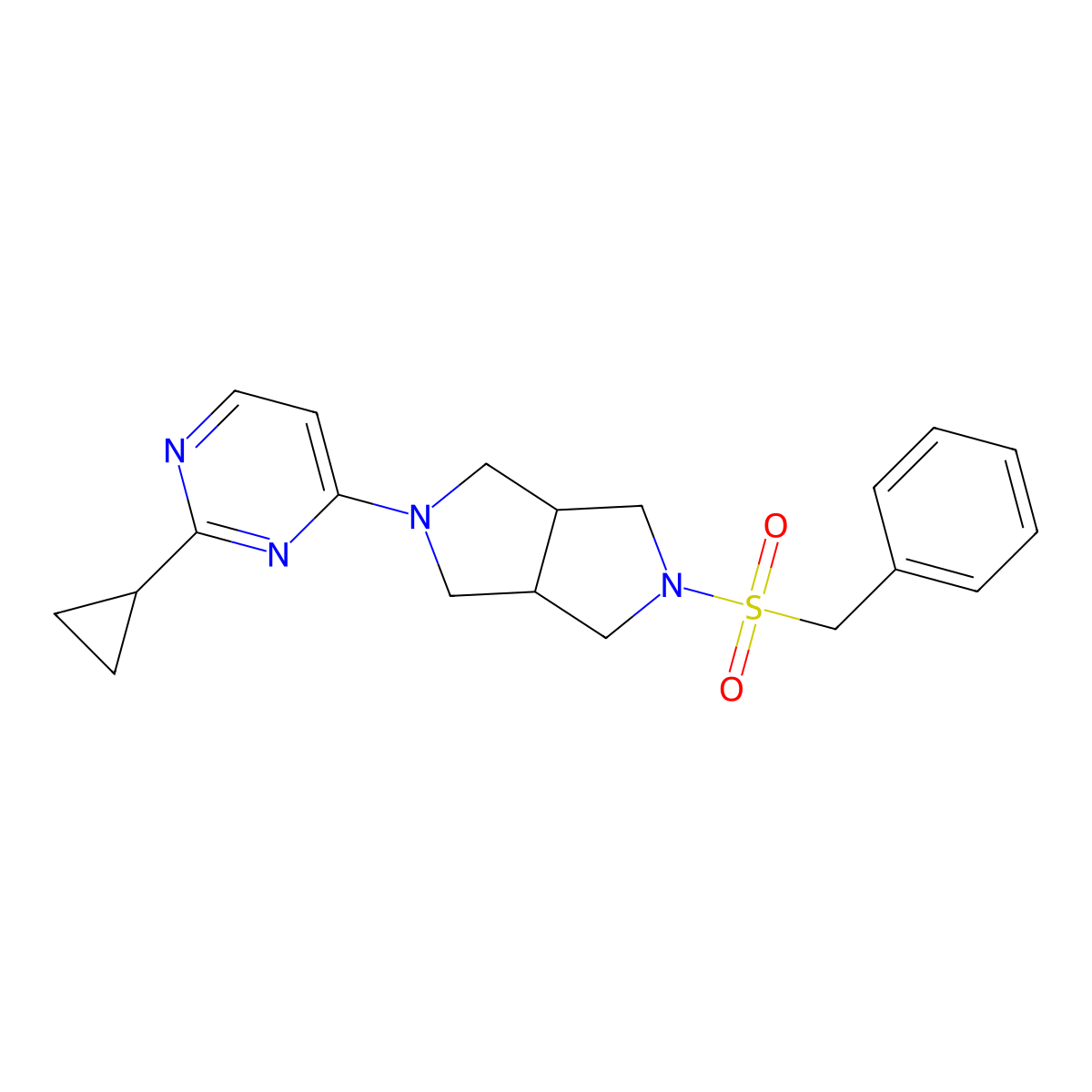 2-Cyclopropyl-4-{5-phenylmethanesulfonyl-octahydropyrrolo[3,4-c]pyrrol-2-yl}pyrimidine molecular structure, CAS 2741937-82-4