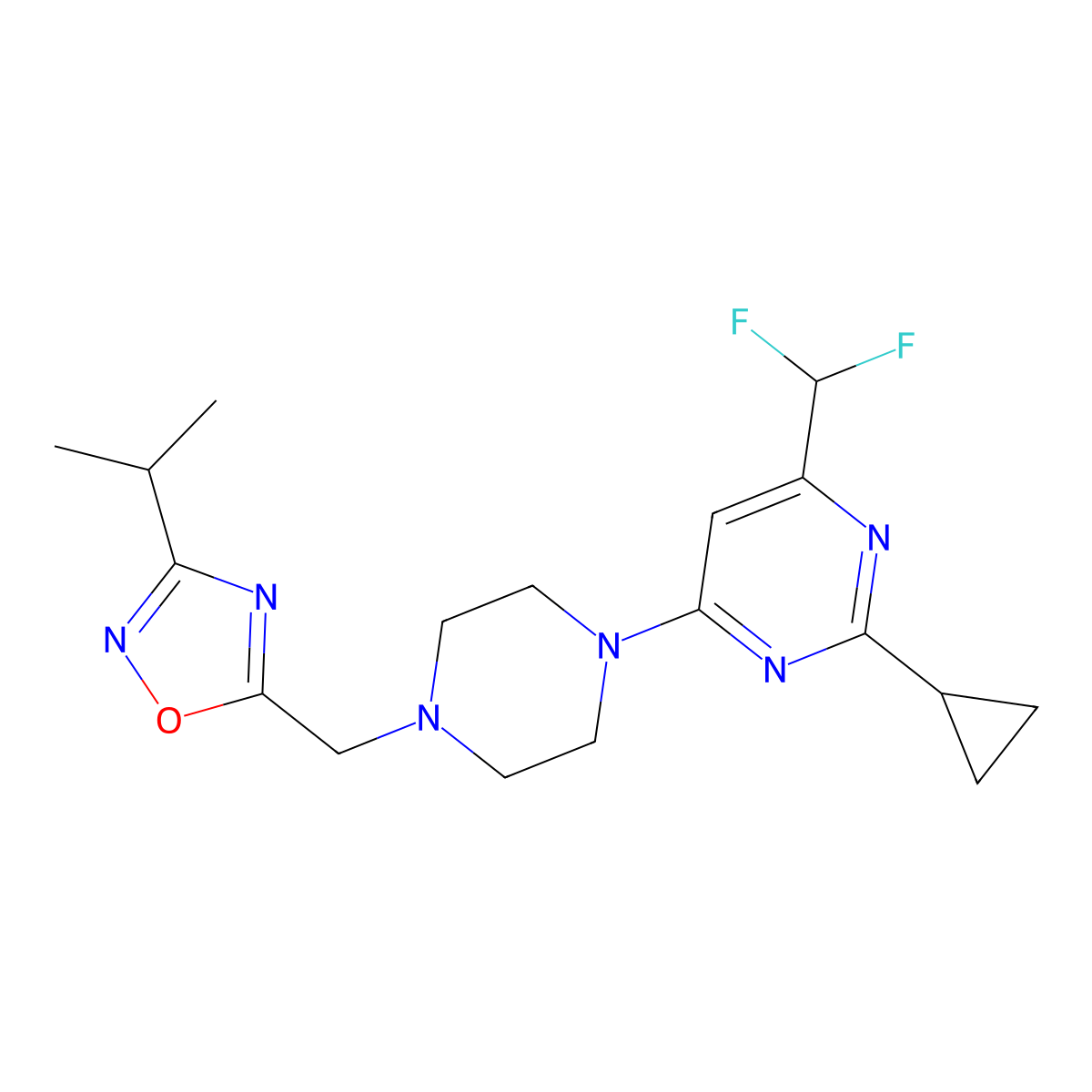 2-Cyclopropyl-4-(difluoromethyl)-6-(4-{[3-(propan-2-yl)-1,2,4-oxadiazol-5-yl]methyl}piperazin-1-yl)pyrimidine molecular structure, CAS 2741937-83-5