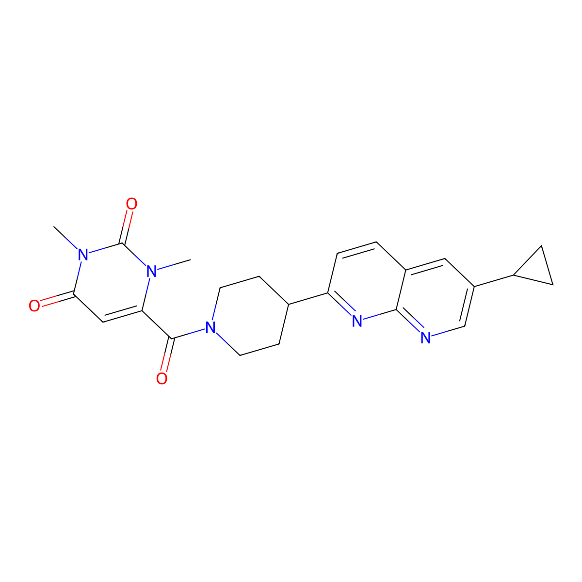 6-[4-(6-Cyclopropyl-1,8-naphthyridin-2-yl)piperidine-1-carbonyl]-1,3-dimethyl-1,2,3,4-tetrahydropyrimidine-2,4-dione molecular structure, CAS 2741937-84-6