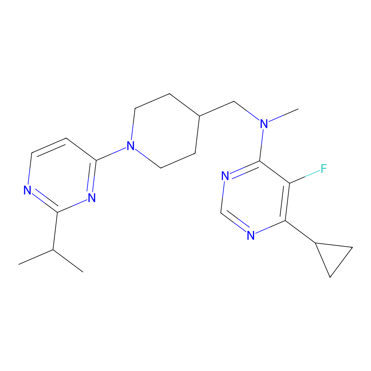 6-cyclopropyl-5-fluoro-N-methyl-N-({1-[2-(propan-2-yl)pyrimidin-4-yl]piperidin-4-yl}methyl)pyrimidin-4-amine molecular structure, CAS 2741937-92-6