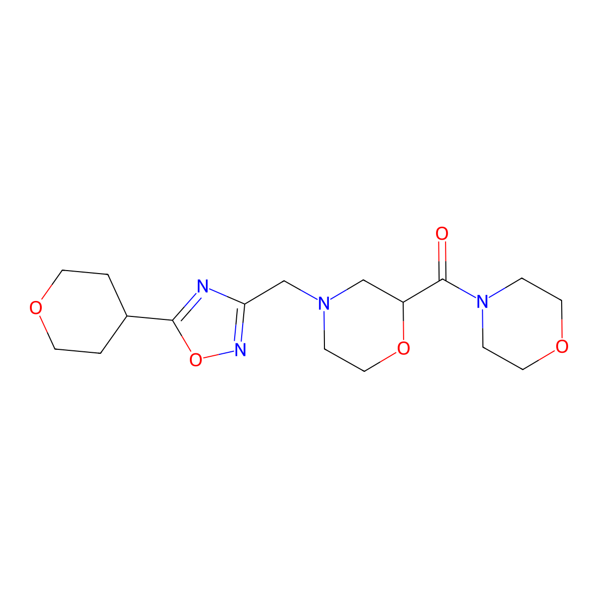 2-(Morpholine-4-carbonyl)-4-{[5-(oxan-4-yl)-1,2,4-oxadiazol-3-yl]methyl}morpholine molecular structure, CAS 2741937-93-7